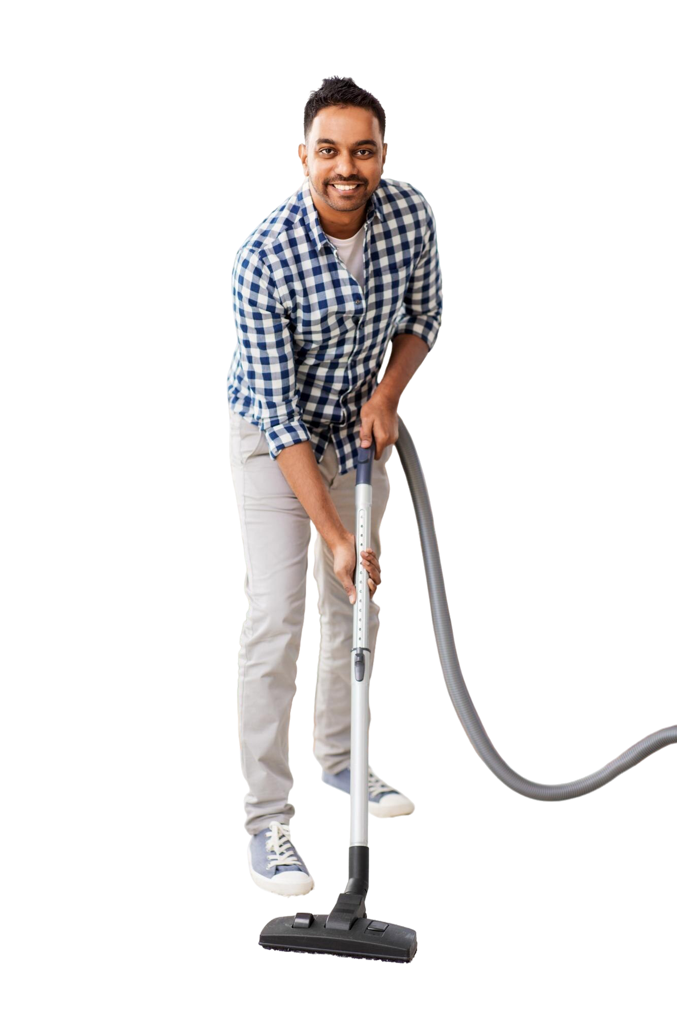 indian man with vacuum cleaner home